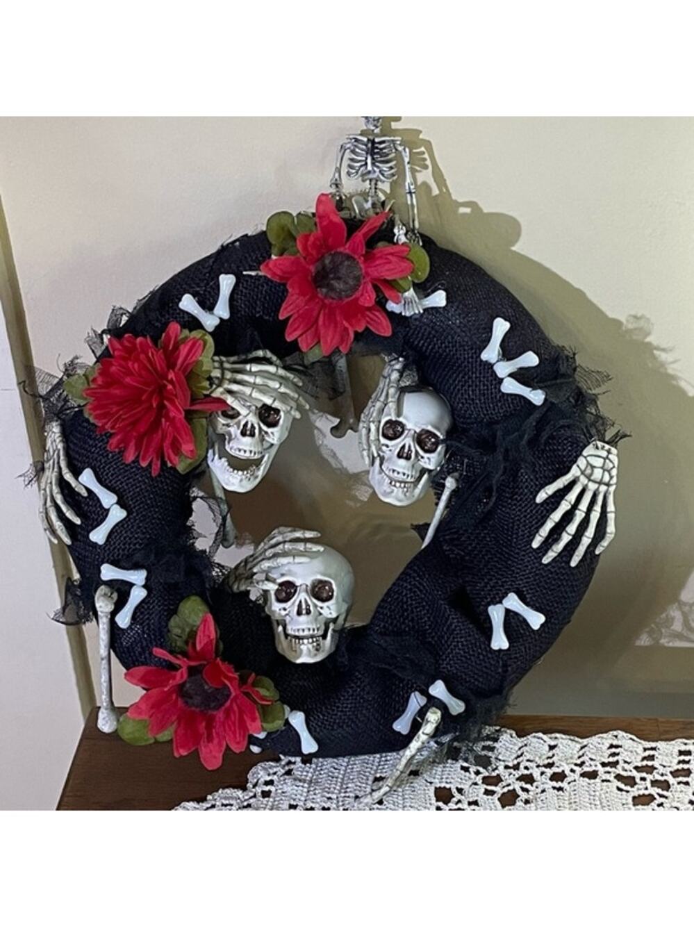 Handmade Halloween Skeleton Wreath 12" Skulls Bones Glow Decor